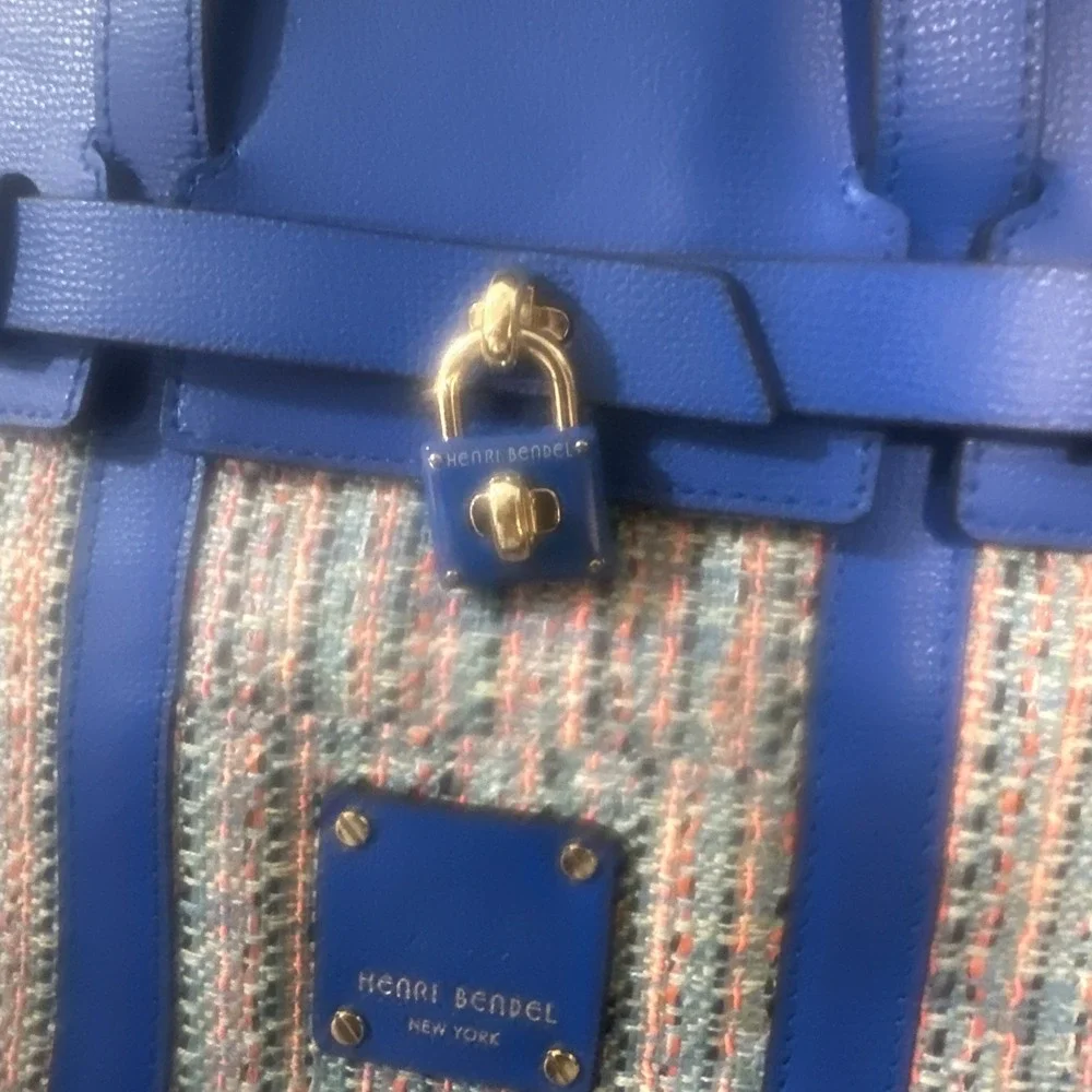 HENRI BENDEL Large Blue Leather Tweed Jetsetter Convertible Backpack Bag Preppy